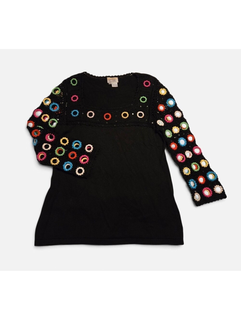Just B Tunic Top Black Knit Colorful Crochet Ring Hole Sleeve Festival VTG XL